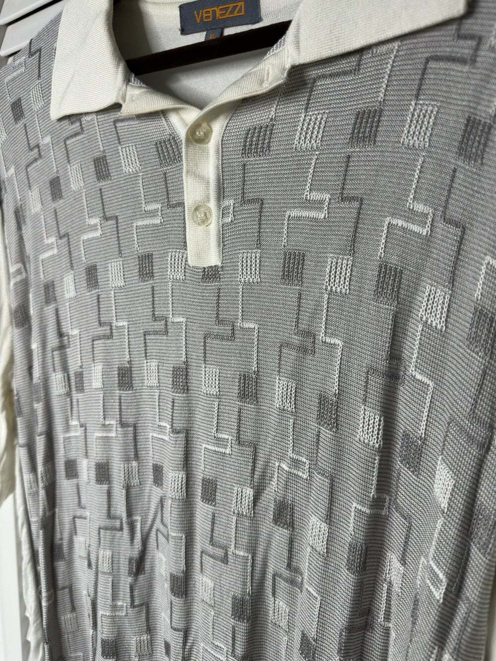 Venezzi Men's XL Gray/Ivory Geometric Knit Silk Blend Short Sleeve Polo - Picture 4 of 6